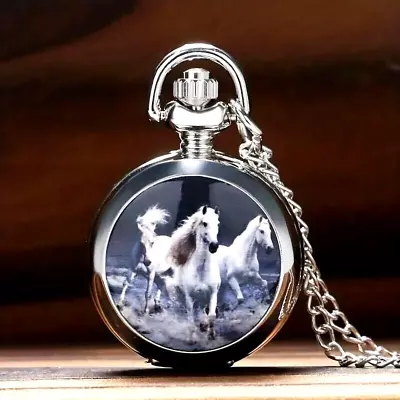 Silvery Color Train Locomotive Engine Hollow Cover Pocket Watch Necklace Unisex • $23.98