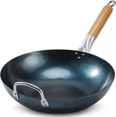 Flat Bottom Wok Pan 13.5  Carbon Steel Wok Traditional Hand Hammered JOBIN • £29.99