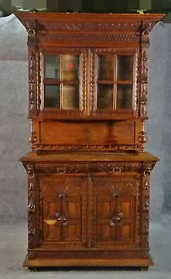 Narrow French Brittany Lion Carved Oak Court Cupboard China Cabinet Vitrine • $2565