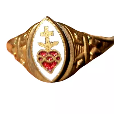 Vintage Sacred Heart Ring Catholic 10k Gold Shell Antique Enamel BEAUTIFUL • $112