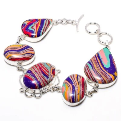 $12.07 • Buy Natural Rainbow Calsilica Gemstone Chain Bracelet 925 Sterling Silver Jewelry