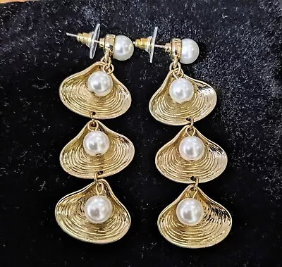 J.Crew ?  Shell-and-pearl Drop Earrings BURNISHED GOLD J4978 Pre Owned • $12.75