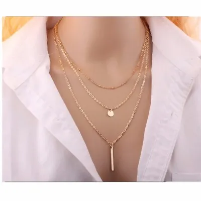 Womens Multi-layer Necklace Gold Or Silver Boho Long Chain Bar Pendant • £4.45