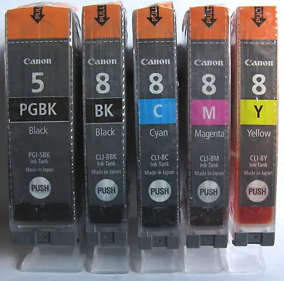 Canon Genuine PGI-5Bk CLI-8Bk CLI-8C CLI-8M CLI-8Y Set Of 5 Inks Sealed New • £29.99