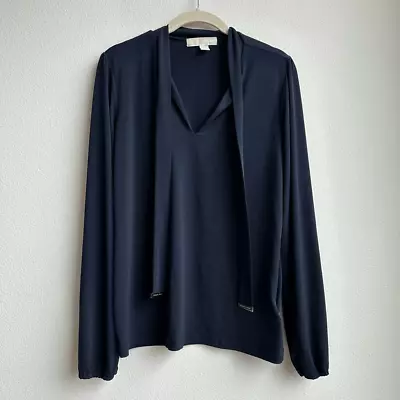 Michael Kors Navy Tassle V Neck Long Sleeve Career Wear Blouse Size Medium • $25