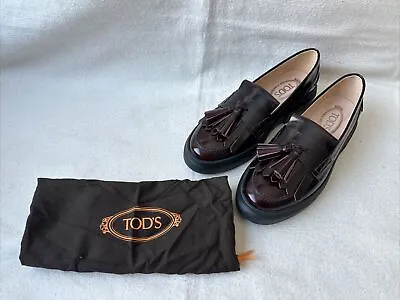 Tod’s Womens Leather Tassel Chunky Soled Loafers In Dark Red Size 39.5 • $175