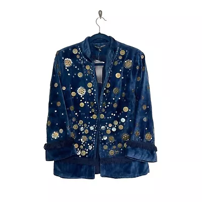 Indigo Moon Art To Wear Velvet Metallic Beaded Fringe Blazer Jacket Blue M NWT • $34.99