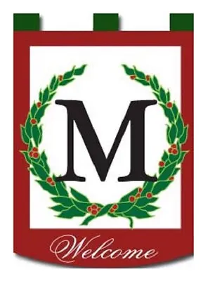 Red Berry Wreath Christmas Monogram “M”-House Flag-Double Sided Appliqué-29”x42” • $12.95
