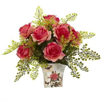Rose & Maiden Hair Silk Flower Arrangement - Dark Pink • $71.94