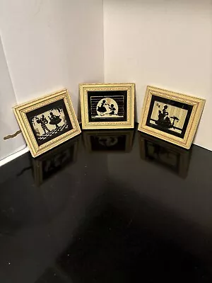 Vintage Glass Silhouette Reverse Paint Set Of Three Framed Rare Victorian • $25