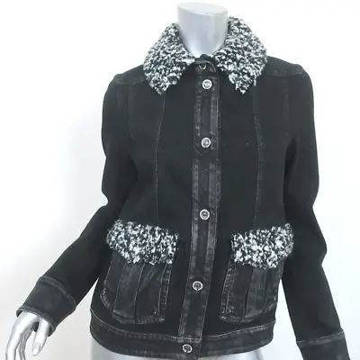 Chanel Boucle-Trimmed Denim Jacket Black Stretch Cotton Size 34 • £1662.52