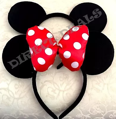 2 Pcs Minnie Mickey Mouse Black Plush Ears *PUFFY* Red Polka Dots Bow Birthday • $7.99