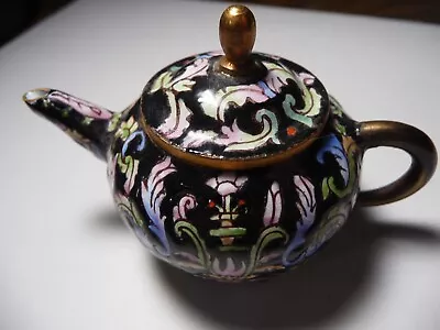 Decorative  Mini 3 Inch Cloisonne  Tea Pot Black Floral W/ Lid • $30