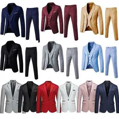 Mens 3-Pieces Suit Notch Lapel One Button Slim Fit Formal Blazer Vest Pants Set • $40.65