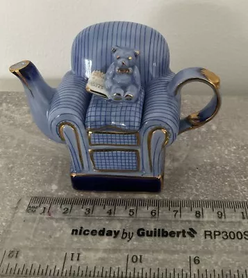 Blue Novelty Miniature Tea Pot Teddy Sitting In Arm Chair  • £7
