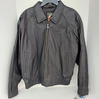Members Only Black Leather Bomber Jacket Lined Zippered Pockets Moto Flight L • $54.99