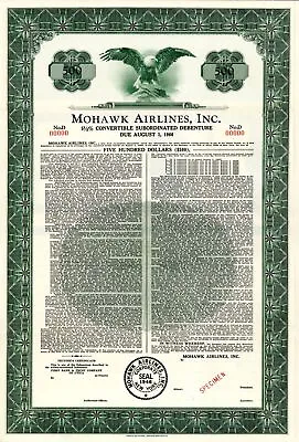 Mohawk Airlines Inc. - 1966 Dated $500 Specimen Bond - Specimen Stocks & Bonds • $150