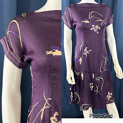 Vintage Medium Scooter Dress Pleated Drop Waist Purple Crepe Rayon Floral 90s • $14.88