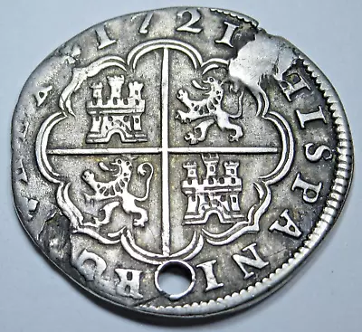 1721 Holed AU Spanish Silver 2 Reales 1700's Colonial Cross Pirate Treasure Coin • $174.95