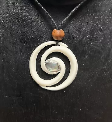 Maori Double Spiral Abolone Inlay Intricate Hand Carved Bone Cow Necklace • $12