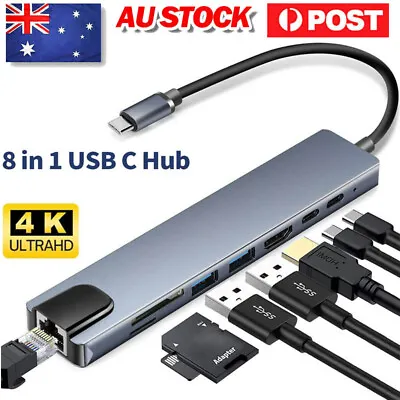 8 In 1 USB-C HUB Type-C USB Multi 3.0 4K HDMI RJ45 Ethernet Micro SD TF OTG AU • $24.59