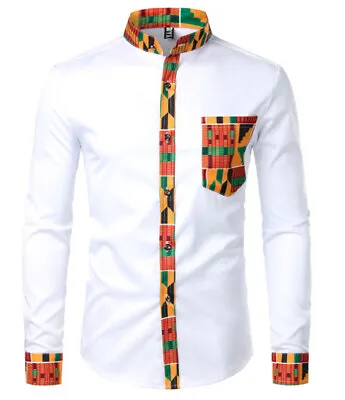 Men's African Dashiki Dress Shirt Long Sleeve Pullover Ethnic Party Shirts Top • £28.79