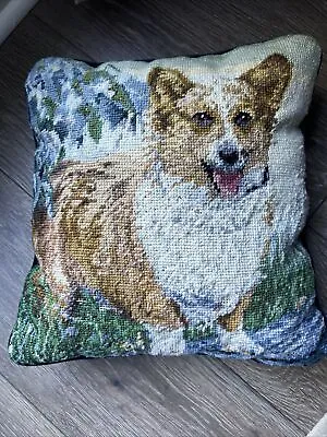 Vintage Handmade Wool Needlepoint Corgi Dog Pillow 13  Zip Cover • $28.65