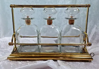 Brass Three Decanter Tantalus Italian Locking Bar Set 9.5  T X 14  L X 5.5  D • $592.90