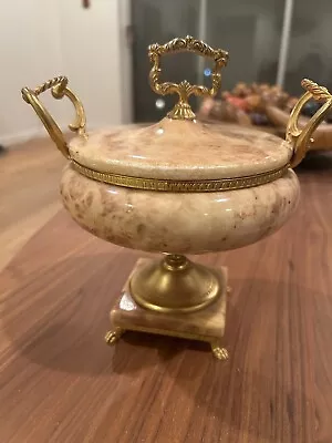 Vintage Solid Alabaster And Brass Urn Decorative Centerpiece Italian • $100