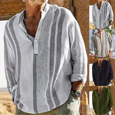 Mens Button Up T-Shirt Shirt Long Sleeve Tops Striped Blouse Tunic Stand Collar • $16.56