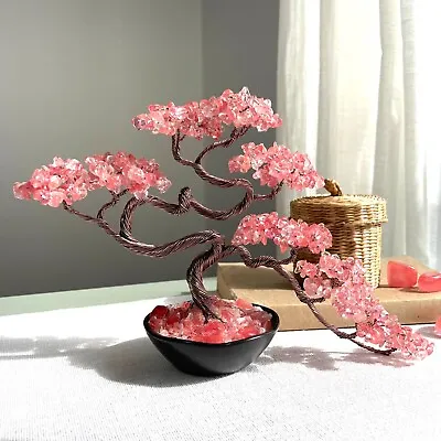 Cherry Quartz Crystal Tree Gemstone Bonsai Tree Wire Sculpture Home Decor • $49.90