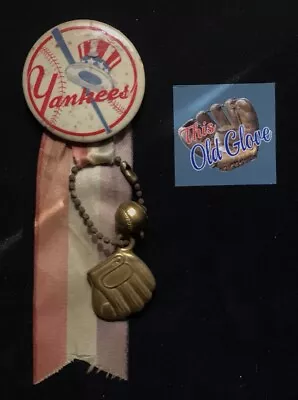 Vintage NEW YORK YANKEES Logo 2  Button / Pin W/ Ribbon Ball & Glove • $47.77