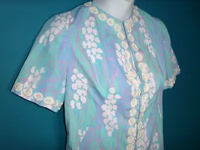 Vtg 60s Handmade Shift Dress Key West Handprint Fabric Lily Of The Valley Sz S • $89