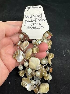 Necklace 30  Natural Shell Pearl Silver-Tone Link Vintage M-6492 • $9.99