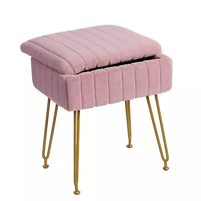 Redlife Vanity Stool Chair W/ Storage Faux Fur Makeup Chair Soft Ottoman Pink • $25.99