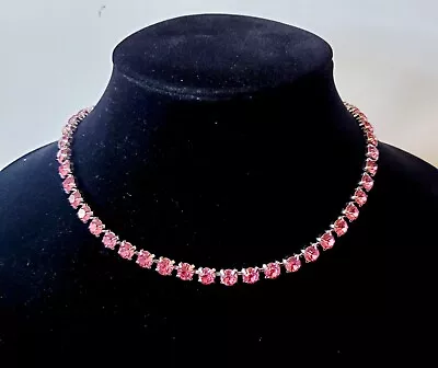 Vintage Pink Crystal Rhinestone Tennis Necklace Choker 17  Silver Tone • $24.95