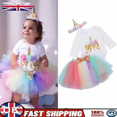 Baby Girls 1st Birthday Outfit Party Unicorn Romper Cake Smash Tutu Dress 3PCS • £11.79