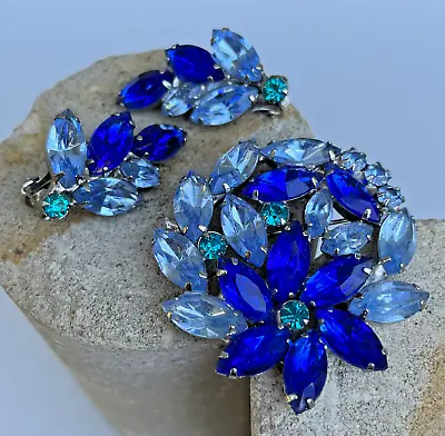 Juliana D&E Verified Blue Circle Flower Rhinestone Brooch Pin & Clip Earring Set • $195