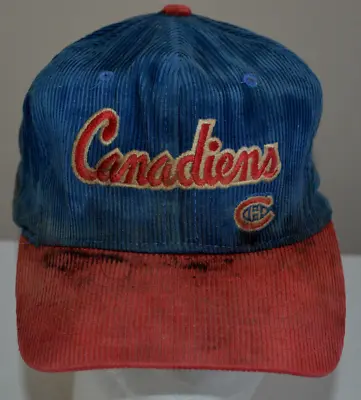 Vtg Montreal Canadiens Corduroy Hat Snapback Blue Red Script Stitched Thrashed • $21.49