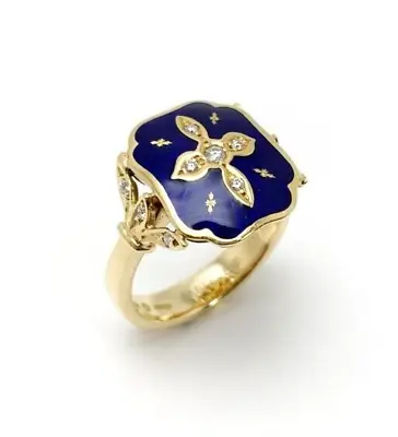 Faberge 0.13ct Diamond Blue Enamel 18k Yellow Gold Large Ring US 7.25 • $6436.24