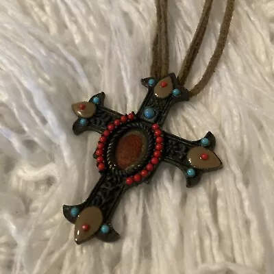 Vintage Decorative Cross Pendant Boho Art Stones Suede Necklace • $15