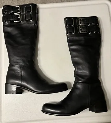 Miu Miu Womens Leather Silver Buckle Knee High Boots Black Size 37.5 EU/ 7 US • $199