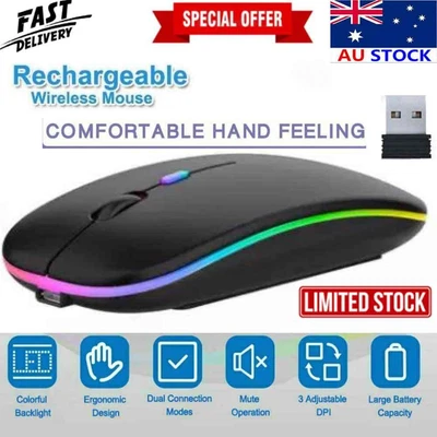 $9.69 • Buy Slim Silent Rechargeable Wireless Mouse+USB Mice RGB LED MacBook Laptop PC AL