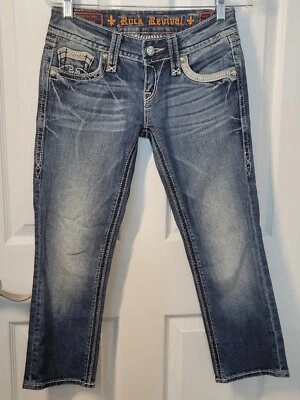 $25.49 • Buy Rock Revival Alanis  Sz 26  Stretch Embroidered Blue Denim Capris