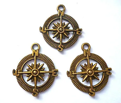 3 X COMPASS CHARM X NAUTICAL 25mm BRONZE  COLOUR • £1.50