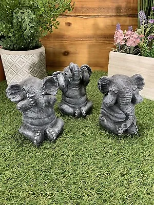 Stone Garden Set Of 3 Wise Cheeky Elephant See Hear Speak No Evil Ornament • £28.20