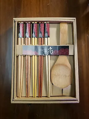 Shang Zhi Mu 5 Pairs Natural Wood Chopsticks + Moso Bamboo Rice Paddle Gift Set • $9.99