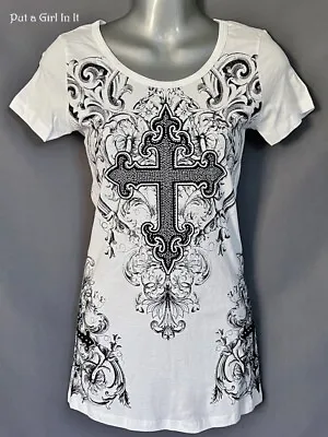 New VOCAL USA Womens CRYSTAL CRISP WHITE BLACK CROSS HIPS T SHIRT S M L XL • $42.70