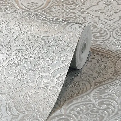 Grey Silver Damask Wallpaper Oriental Heavyweight Textured Metallic Thick Vinyl • £12.99