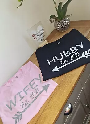 Personalised SET Hubby Wifey Mr & Mrs T-Shirt Top Couples Married Honeymoon Wife • £19.99